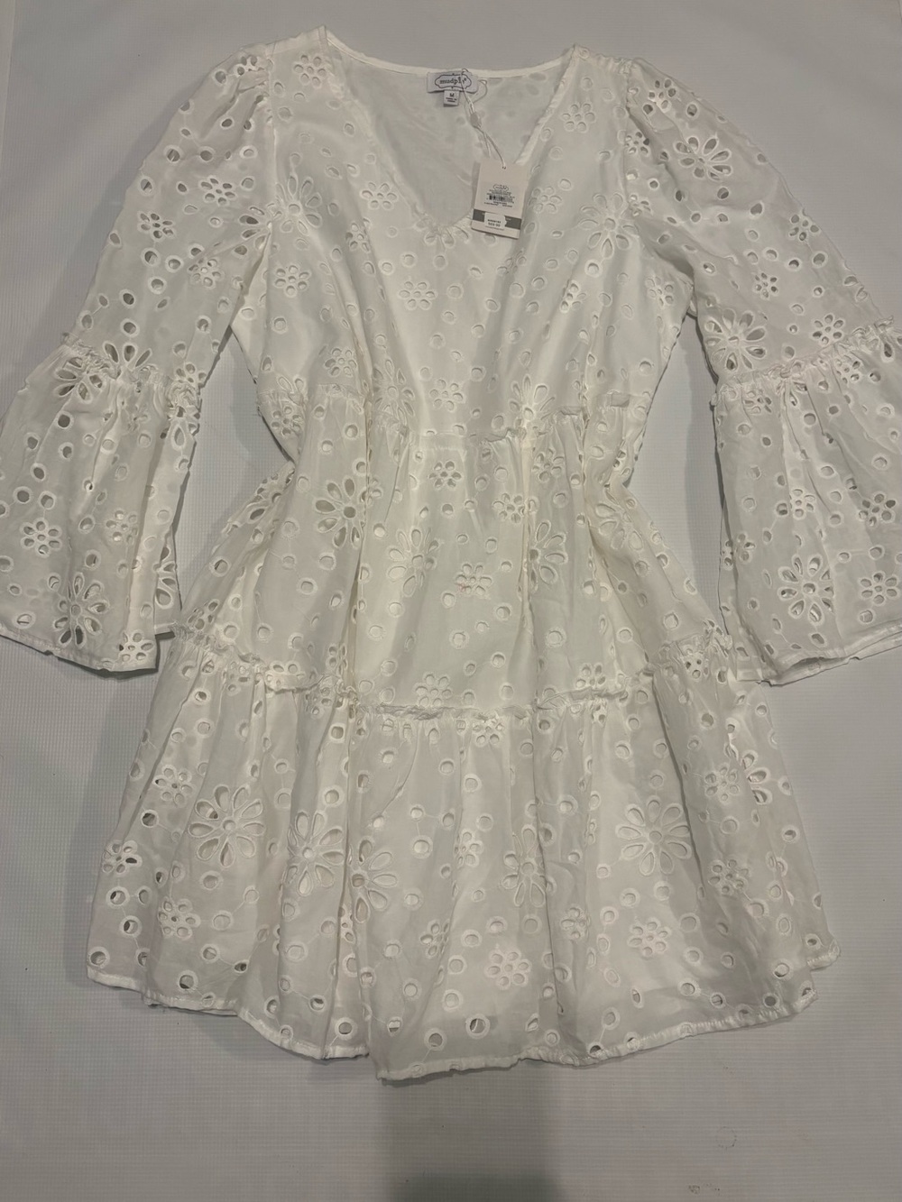 Mud Pie White Eyelet Tiered V-Neck Mini Dress